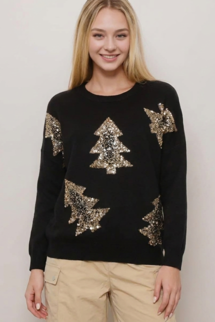 Sequined Christmas Tree Knit Sweater - Image 2