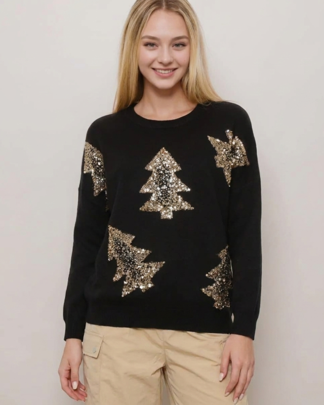 Sequined Christmas Tree Knit Sweater - Image 2