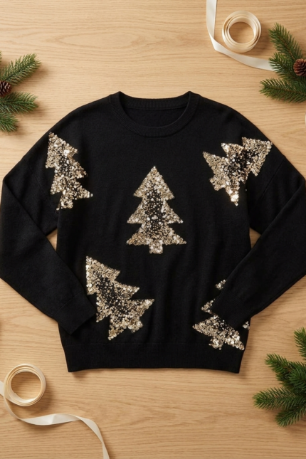 Sequined Christmas Tree Knit Sweater