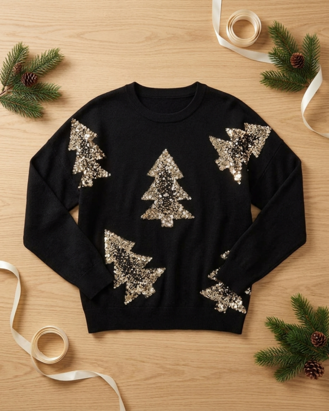 Sequined Christmas Tree Knit Sweater